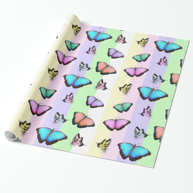 PastellFärgadens Rosa, Grönt, Gult Butterflies Presentpapper (Utrullad)