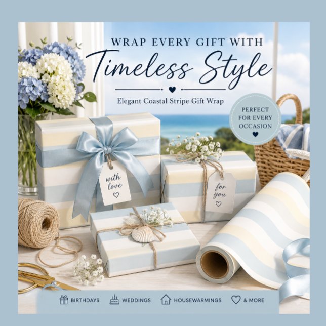 Pastellfärgat kustrandigt presentpapper för butike (Elegant coastal stripe gift wrap for birthdays, weddings, housewarmings and thoughtful gifts.)