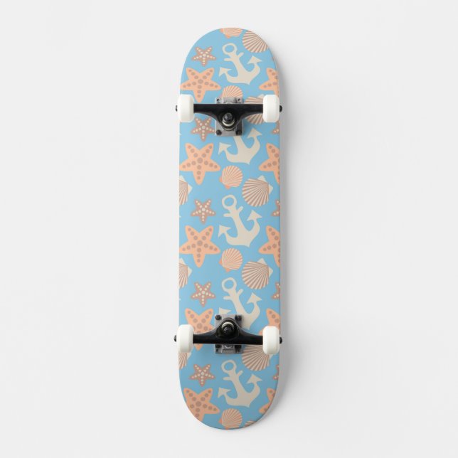 Pastellfärgat nautiskt mönster mini skateboard bräda 18,5 cm (Framsida)