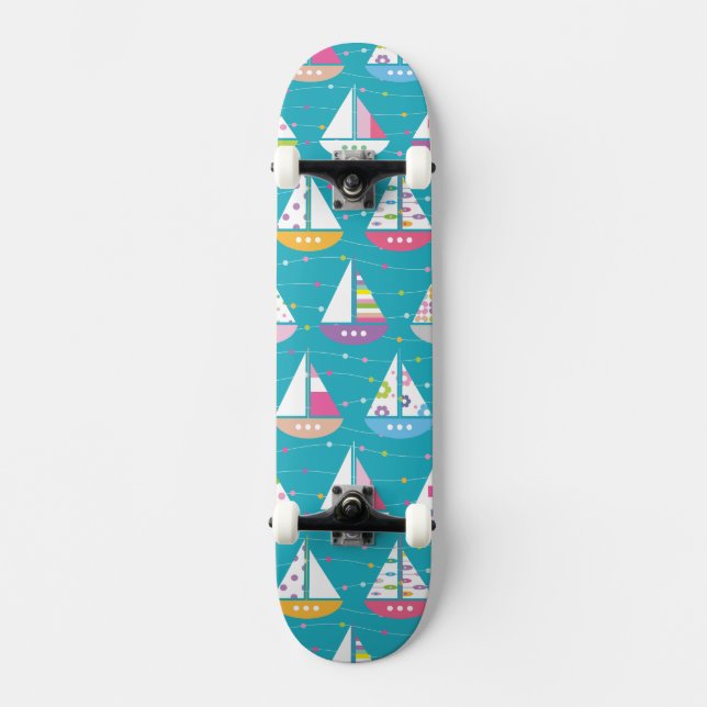 Pastellfärgat segelbåtmönster skateboard bräda 20,5 cm (Framsida)