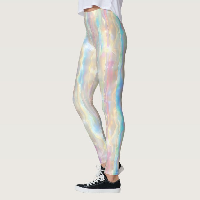 Pastellfärger skimrande iriserande randigt mönster leggings (Vänster)