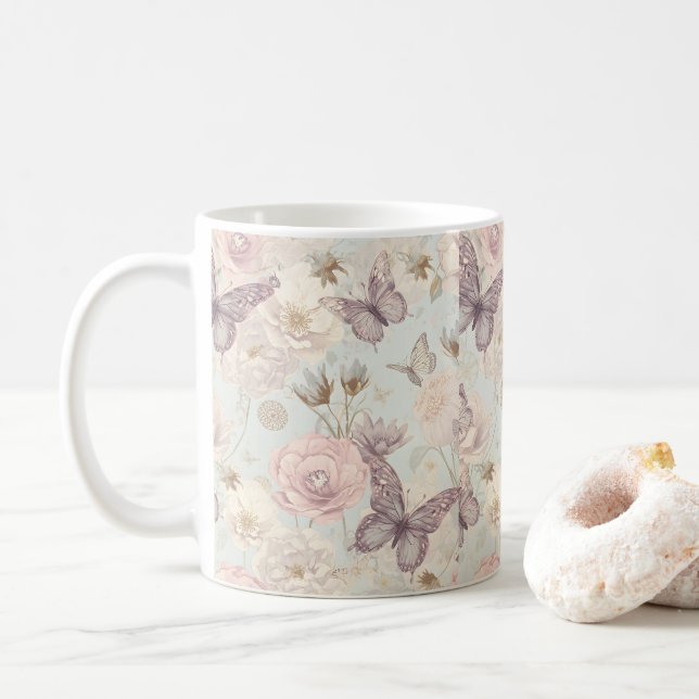 “Pastellfjäril & Blommig Kaffemugg (Med munk)