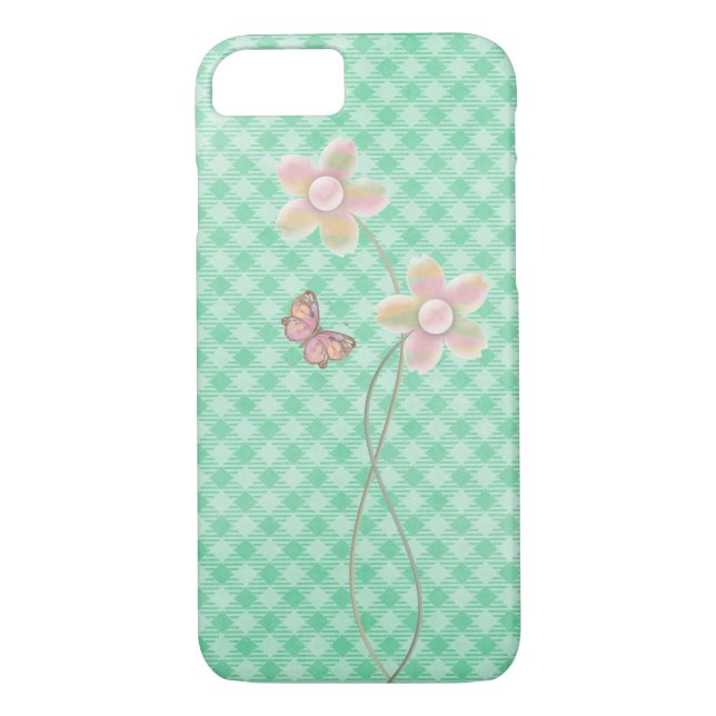 Pastellfjäril och blomma på kontrollerad grönt Case-Mate iPhone skal (Baksida)