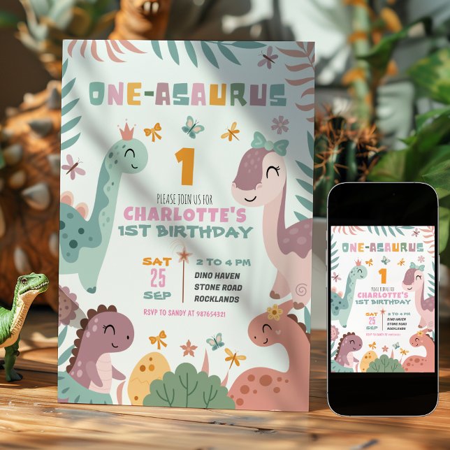 Pastellflickans dinosaurie 1-års födelsedagsinbjud inbjudningar (Skapare uppladdad)