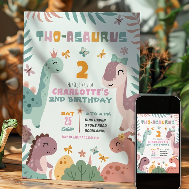 Pastellflickas Dinosaurie 2-års Födelsedagsinbjuda Inbjudningar (Skapare uppladdad)