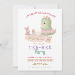 Pastellflickas dinosaurie Tea-Rex 3-års flickfödel Inbjudningar