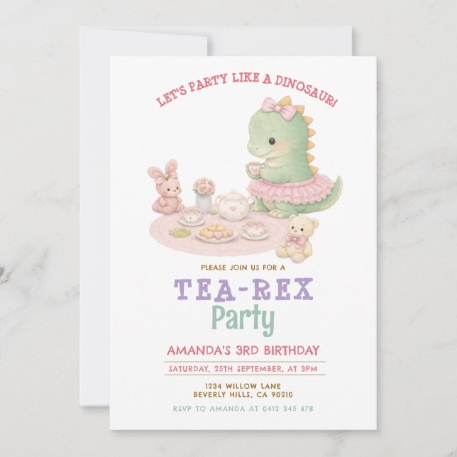 Pastellflickas dinosaurie Tea-Rex 3-års flickfödel Inbjudningar (Framsida)