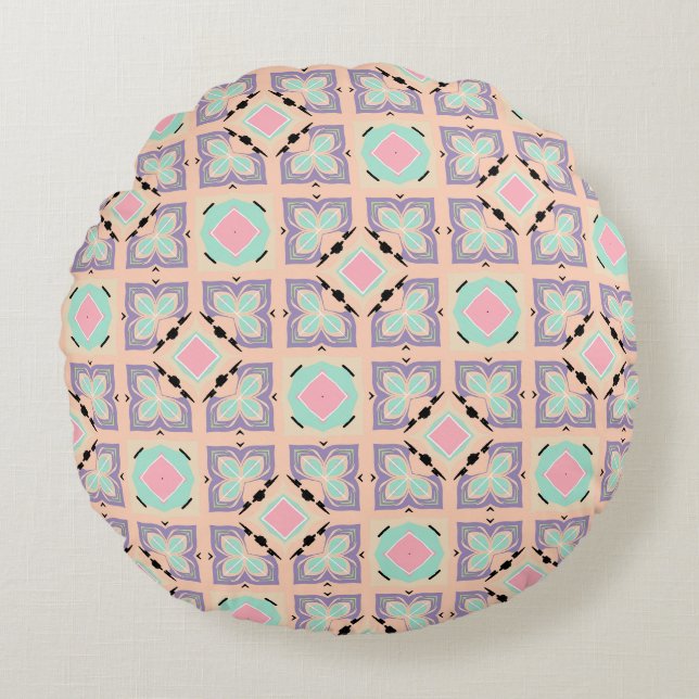 Pastellgeometriskt kakelmönster | Rosa Mint Lila  Rund Kudde (Framsidan)
