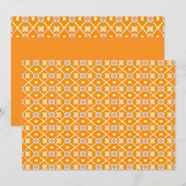 Pastellgeometriskt pixelmönster på levande orange inbjudningar (Fram/baksida)