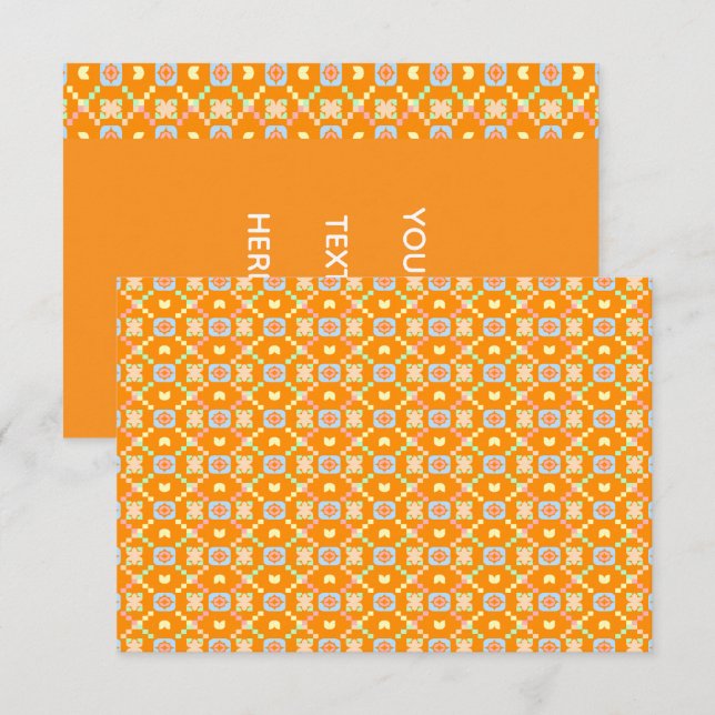 Pastellgeometriskt pixelmönster på levande orange tack kort (Fram/baksida)
