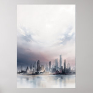 Pastellgrå Morgon vid Vattenfronten Stadssiluett A Poster