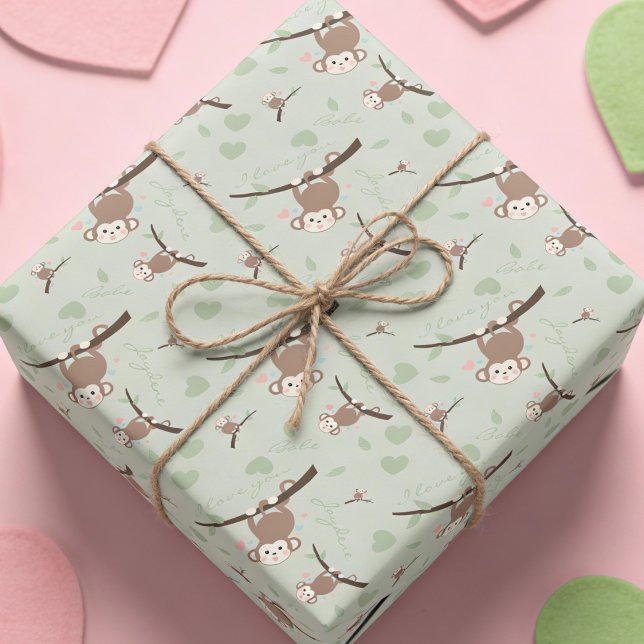 Pastellgrön apa valentinsdagspresentpapper  presentpapper (Wrap it, love it. This pastel custom monkey Valentine paper is perfect for gifts and crafts.)