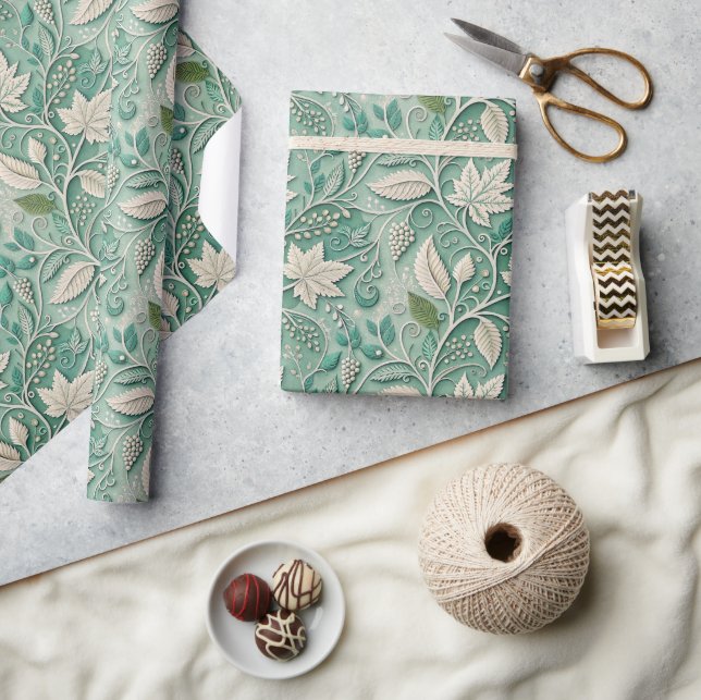 Pastellgrön Beige Vintage Botanisk Mönster Presentpapper (Hantverk)