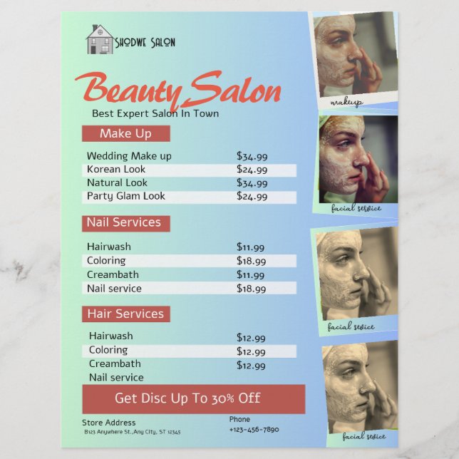 Pastellgrön Himmelblå Salong Prislista Reklamblad (Framsidan)