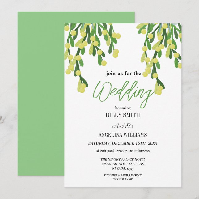 Pastellgrön mistel för ditt magiska bröllop inbjudningar (Fram/baksida)