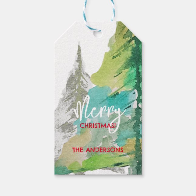 Pastellgrön modern julgran vattenfärgskonst presentetikett (Framsidan)