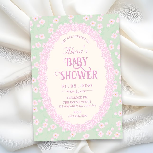 Pastellgrön rosa blommig baby shower inbjudningar (Skapare uppladdad)