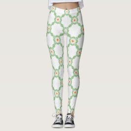 Pastellgröna och orangea blommiga blad Mönster Leg Leggings