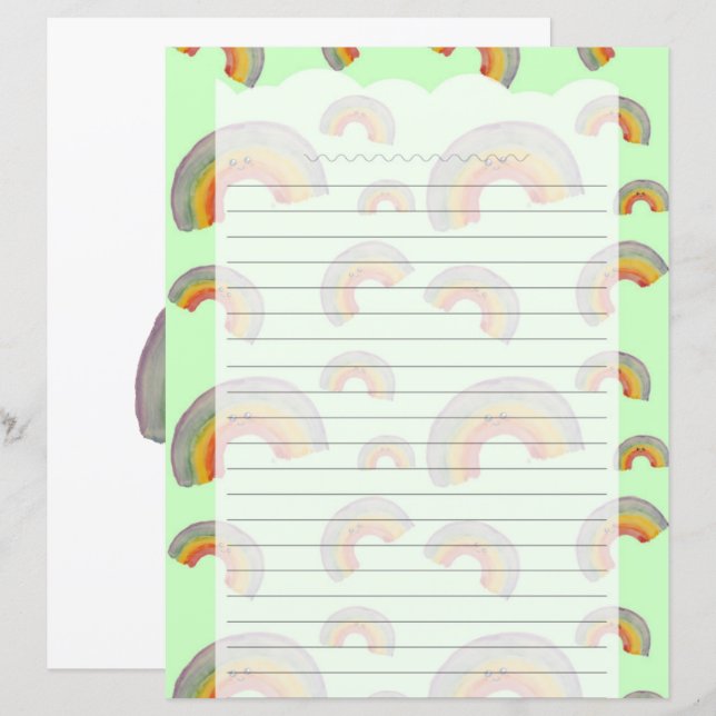 Pastellgrönt Kawaii-regnbågsbrevpapper (Fram/baksida)