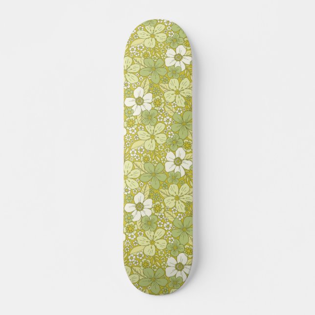 PastellGrönt och Gult Flower Mönster Mini Skateboard Bräda 18,5 Cm (Framsida)