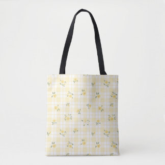 Pastellgul Gingham och blommig handväska Tygkasse