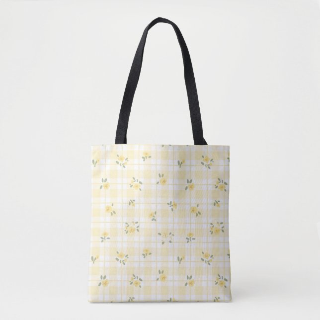Pastellgul Gingham och blommig handväska Tygkasse (Framsida)