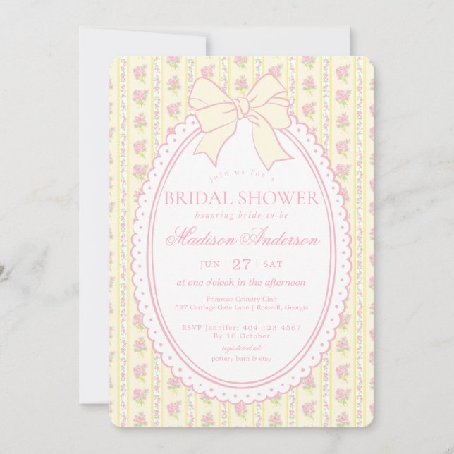 Pastellgul Vintage Elegant Blommig Bröllopsdusch Inbjudningar (Framsida)