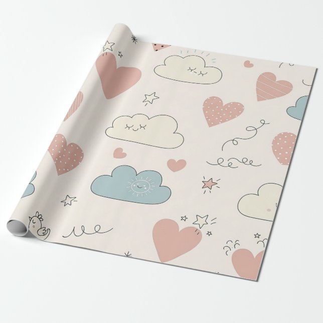 Pastellhjärtan & Moln Akvarelldröm (10) Presentpapper (Utrullad)