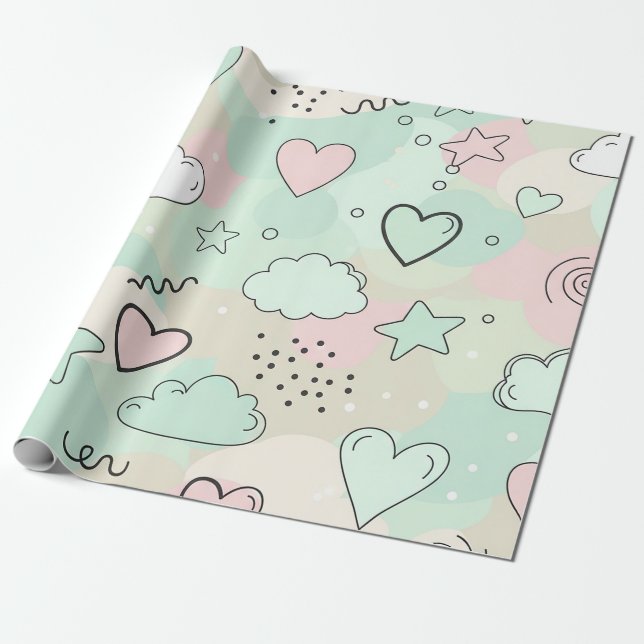 Pastellhjärtan & Moln Akvarelldröm (9) Presentpapper (Utrullad)