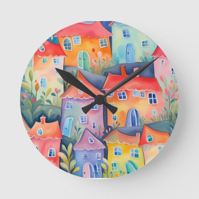 Pastellhus i mjuka färg, fredliga färg rund klocka (Framsida)