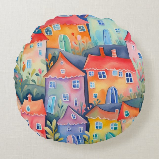 Pastellhus i mjuka färg, fredliga färg rund kudde (Framsidan)