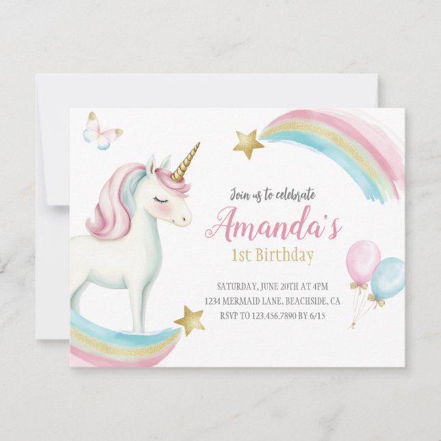 Pastellinbjudan till Rainbow Unicorn Birthday Girl Inbjudningar (Framsida)