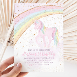 Pastellinbjudan till Rainbow Unicorn Birthday Girl Inbjudningar