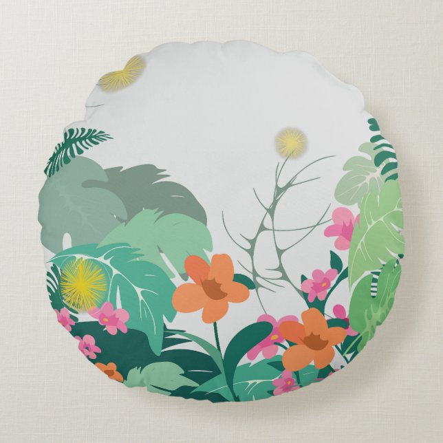 Pastelliska Tropiska Löv och Blommor Rund Kudde (Framsidan)
