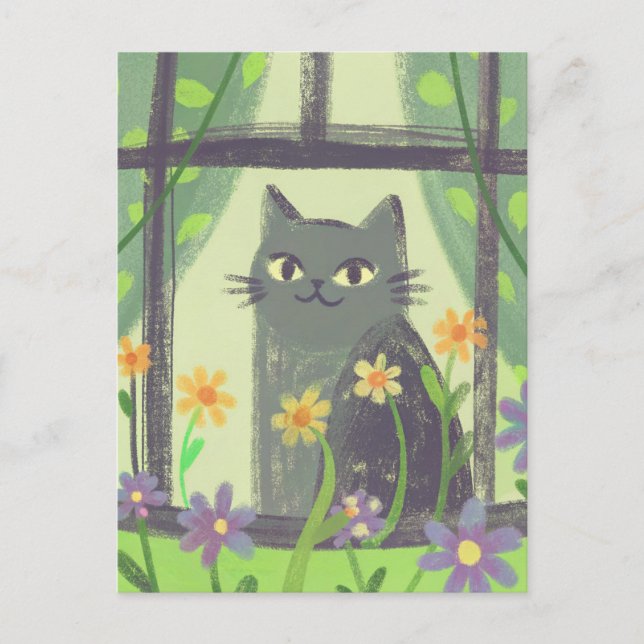 Pastellkatt och blommor modern folkkonst vykort (Framsida)