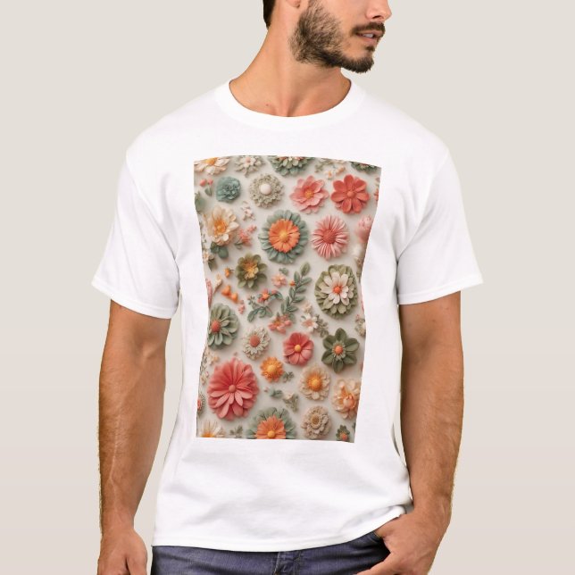 Pastellkläder: Handdesignad 3D-Blommigt, platta Lj T Shirt (Framsida)