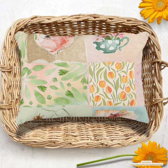 Pastellkollage bakgrund Botaniskt konst Naturlig Prydnadskudde (Skapare uppladdad)