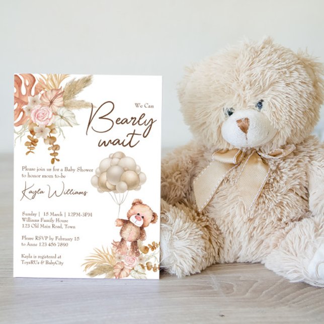 Pastellkräm - bruna torkade blommor boho-nalle inbjudningar (Skapare uppladdad)