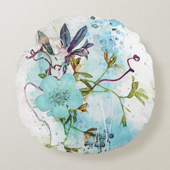 Pastellkrita, Blommigt med blå vattenfärg Rund Kudde (Framsidan)
