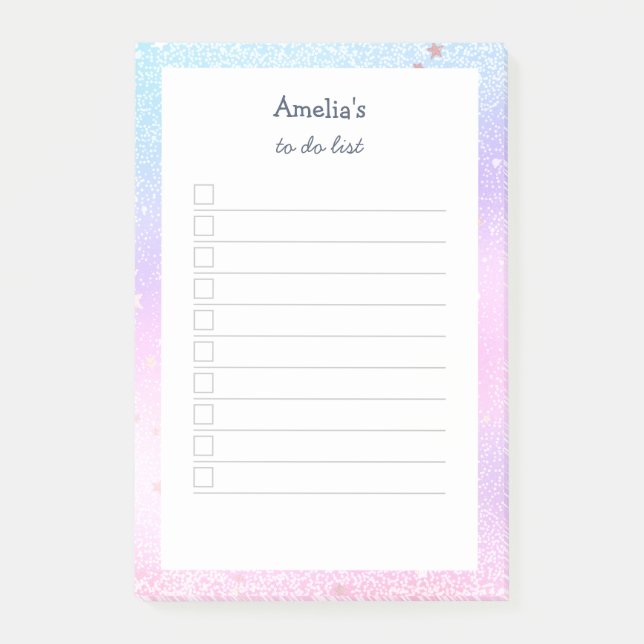 Pastellkrita Glitter-staplar som är kopplade till  Post-it Block (Framsida)