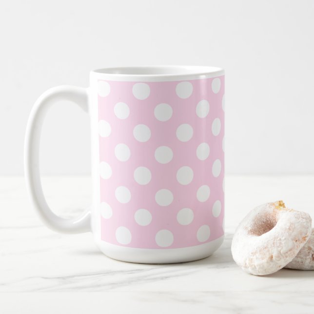 Pastellkrita, Ljusare rosa och stora vita Polka do Kaffemugg (Med munk)