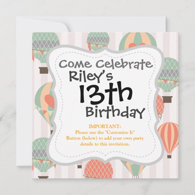 PastellLuftballonger Stigning Rosa stripe Himlar Inbjudningar (Framsida)