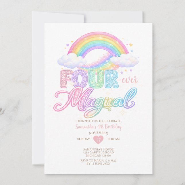 Pastellmoln Magisk regnbåge 4-årsdag  Inbjudningar (Framsida)