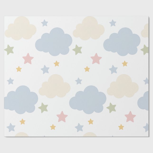 Pastellmoln och stjärnor Baby Shower Presentpapper (Platt)