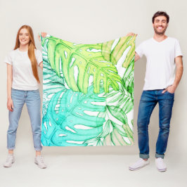 Pastellmonstera handflatan löv, tropisk vattenfärg fleecefilt