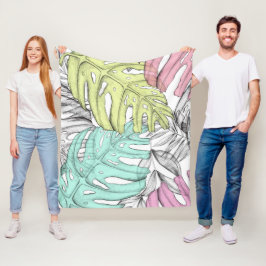 Pastellmonstera handflatan löv, tropisk vattenfärg fleecefilt