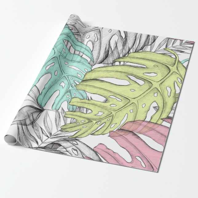 Pastellmonstera handflatan löv, tropisk vattenfärg presentpapper (Utrullad)
