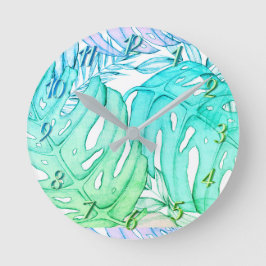 Pastellmonstera handflatan löv, tropisk vattenfärg rund klocka