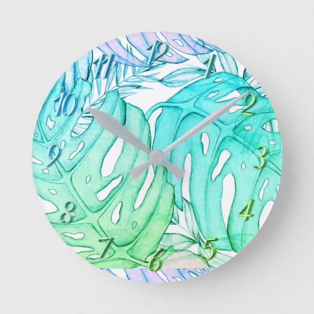 Pastellmonstera handflatan löv, tropisk vattenfärg rund klocka (Framsida)