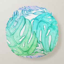 Pastellmonstera handflatan löv, tropisk vattenfärg rund kudde